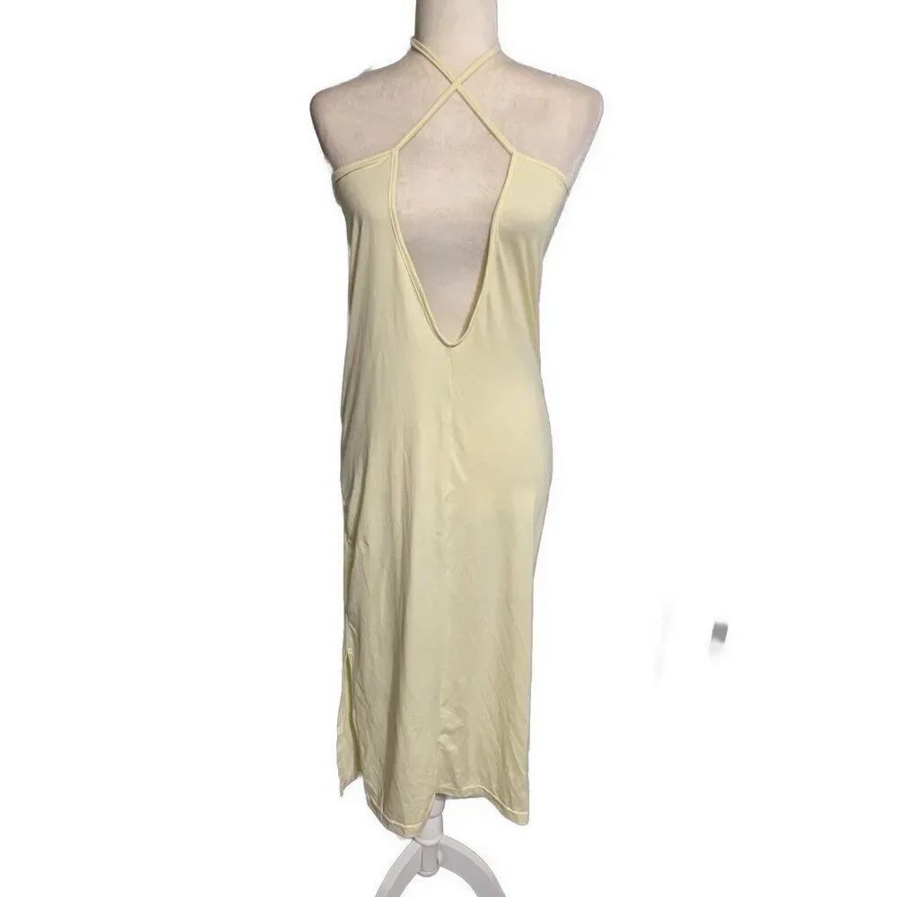 Womens Solid Flax Soft Yellow Deep Plunge Halter Tank Midi Dress Medium